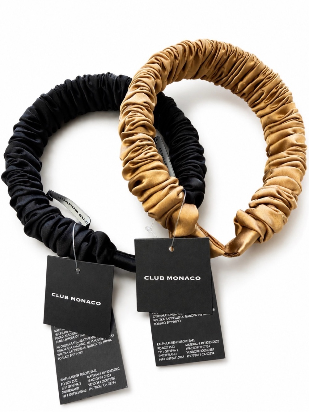 Club Monaco Satin Ruched Headbands in Black and Camel